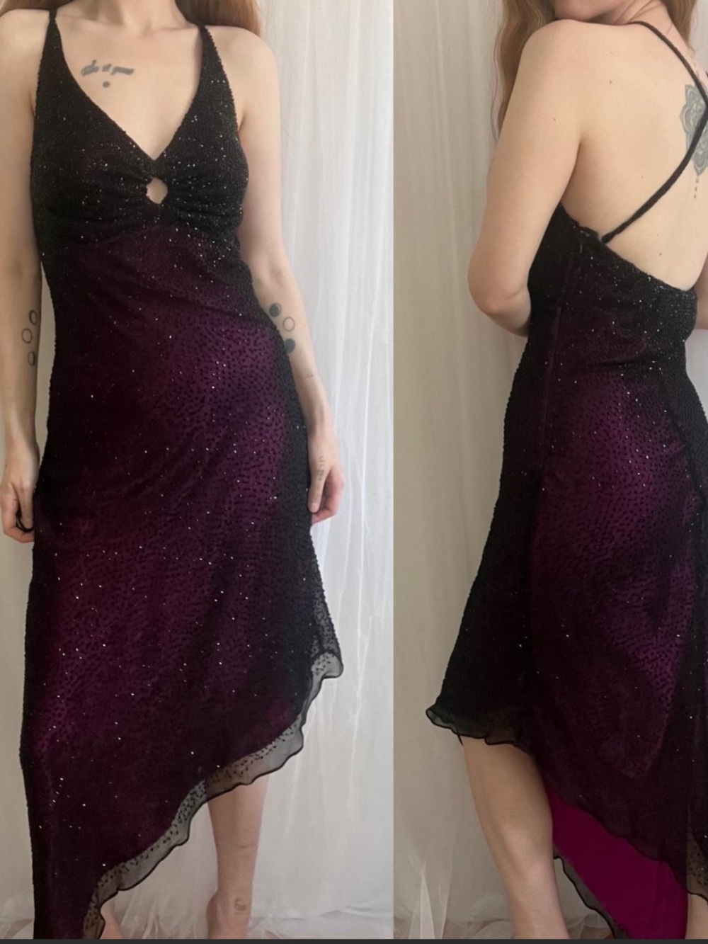 🩷Scala - Black to Deep Plum Asymmetrical Sequin Slip Dress Size M